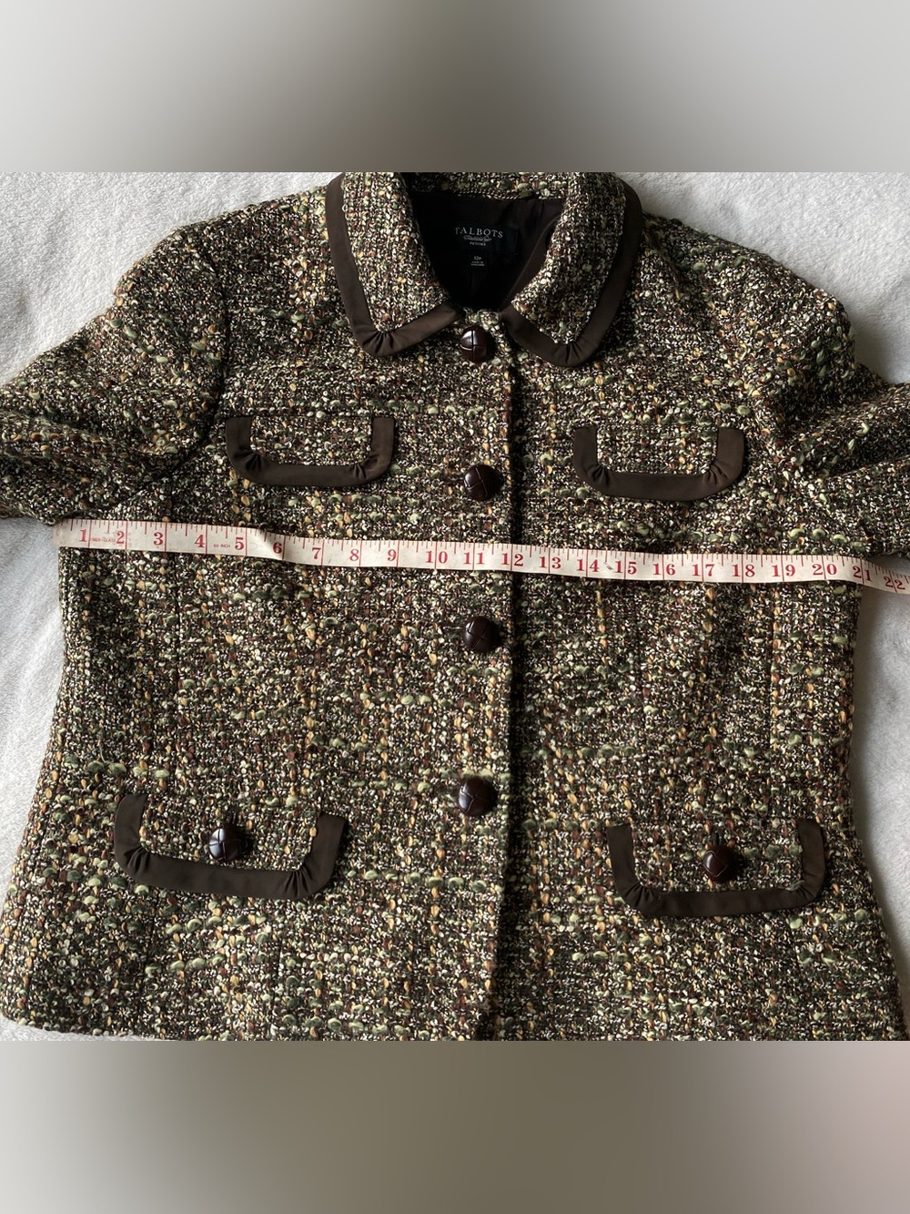 Talbots Tweed Boucle Jacket Brown Green Button Front 12P - Picture 15 of 16